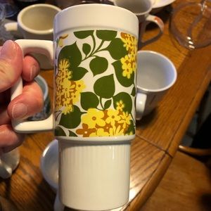 2 Ironstone vintage floral print tall coffee/ tea cups green/yellow green/red